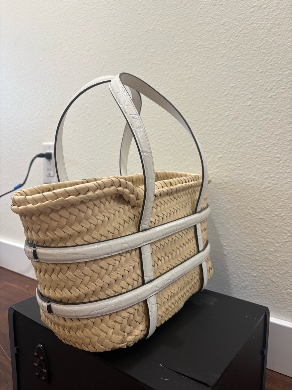 Tory Burch Ella Straw Basket Tote White Croc Embossed Trim + Dust Bag. NWT - Picture 12 of 15